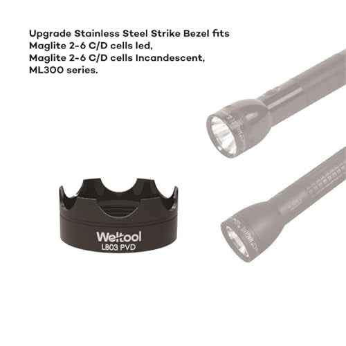 Weltool Flashlight Strike Bezel Black LB03 PVD for Maglite C or D Cell Flashlights LED ML300L & ML300 LX Upgrade Glass Breaker