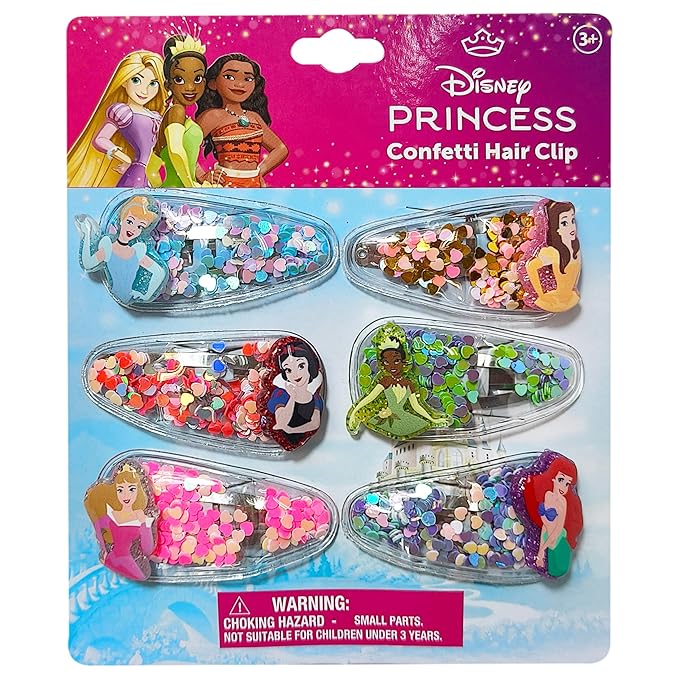 LUV HER Licensed Hair Accessories For Girls, 6pc Cute Hair Clips with Favorite Disney Princess Character Charms, Magical Confetti Hair Clips, Ages 3+
