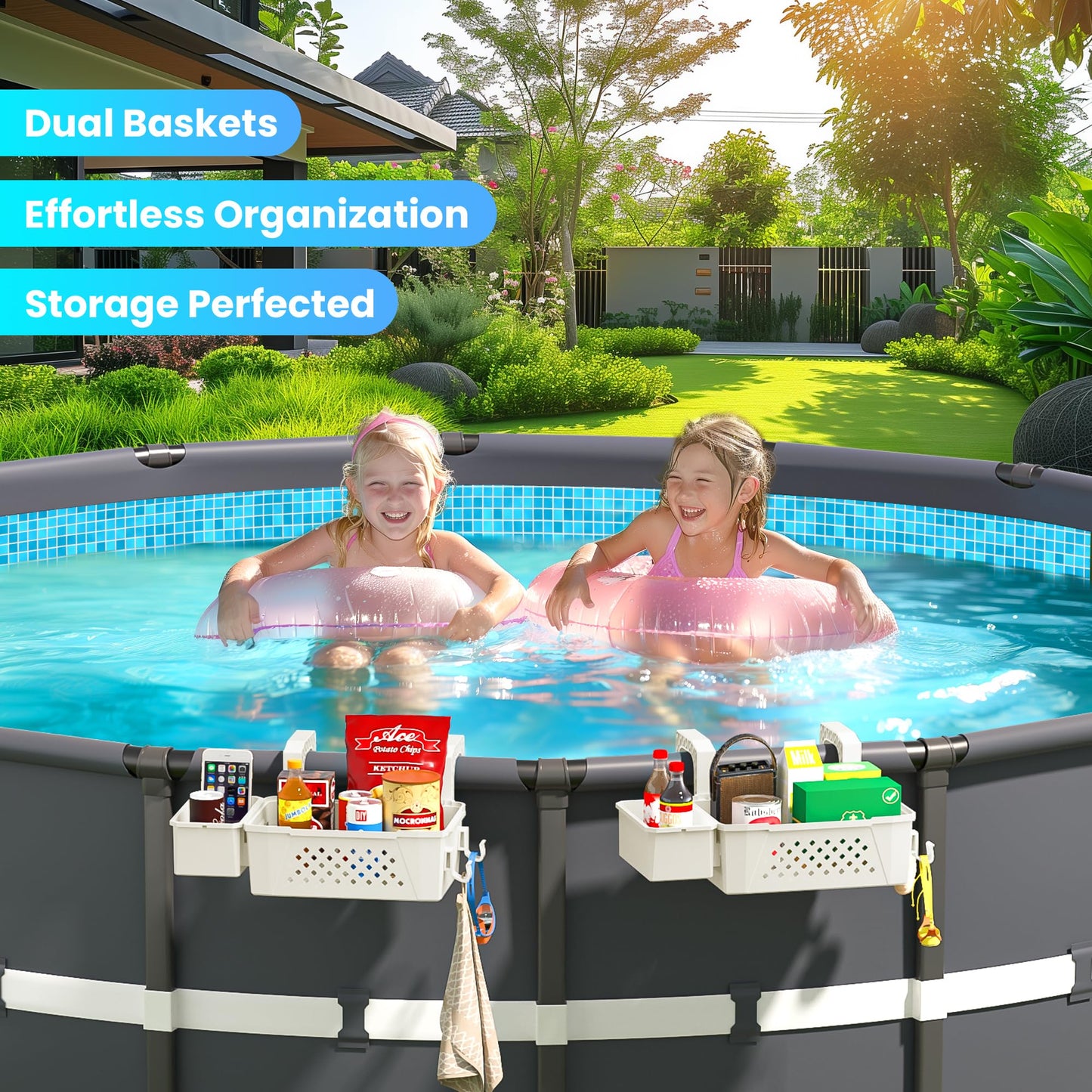 AquaJoyer 2 Sets of Poolside Storage Baskets with Cup Holders - Perfect for 3-Inch or Smaller Top Rails - Above Ground Pool Accessories - Fit for Most Above Ground Pool（Beige）