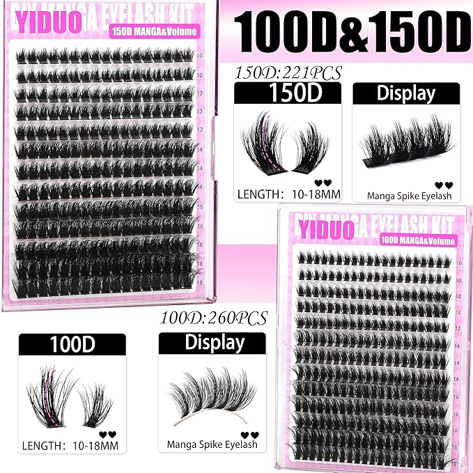 YIDUO Manga Lash Clusters Kit 4 Styles Spiky Volume Clusters Lashes Extensions Kit with 2X Bond and Seal 887Pcs Wispy Eyelash Clusters Kit Thick 100D+150D+Wide Soft Thin Band Cluster Lash Kit