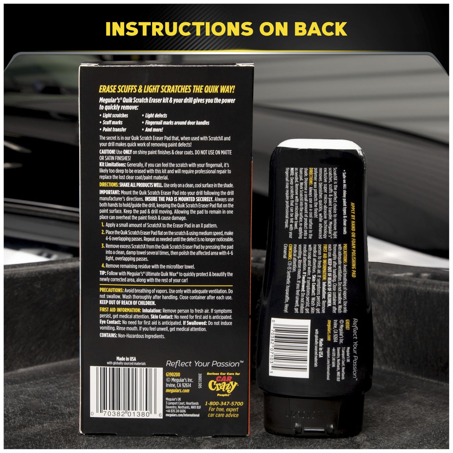 Meguiar's Quik Eraser Kit, Car Scratch Remover for Repairing Surface Blemishes, Car Scratch Repair Kit with ScratchX, Drill-Mounted Pad, and Microfiber Towel, 4 Count