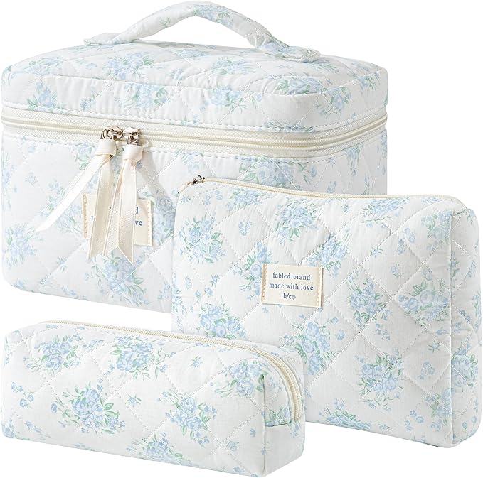 HBselect Quilted Makeup Bag, 3PCS Cotton Large Travel Makeup Bag, Cute Floral Coquette Make up Bag Cosmetic Bag Toiletry Bag for Women Girls