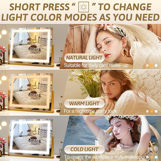 ROLOVE Vanity Mirror with Lights 22"x18", Lighted Makeup Mirror with 10X Magnification, Smart Touch 3 Colors Dimmable, 360° Rotation, Women Gift, Dresser Mount, Bathroom (Gold)