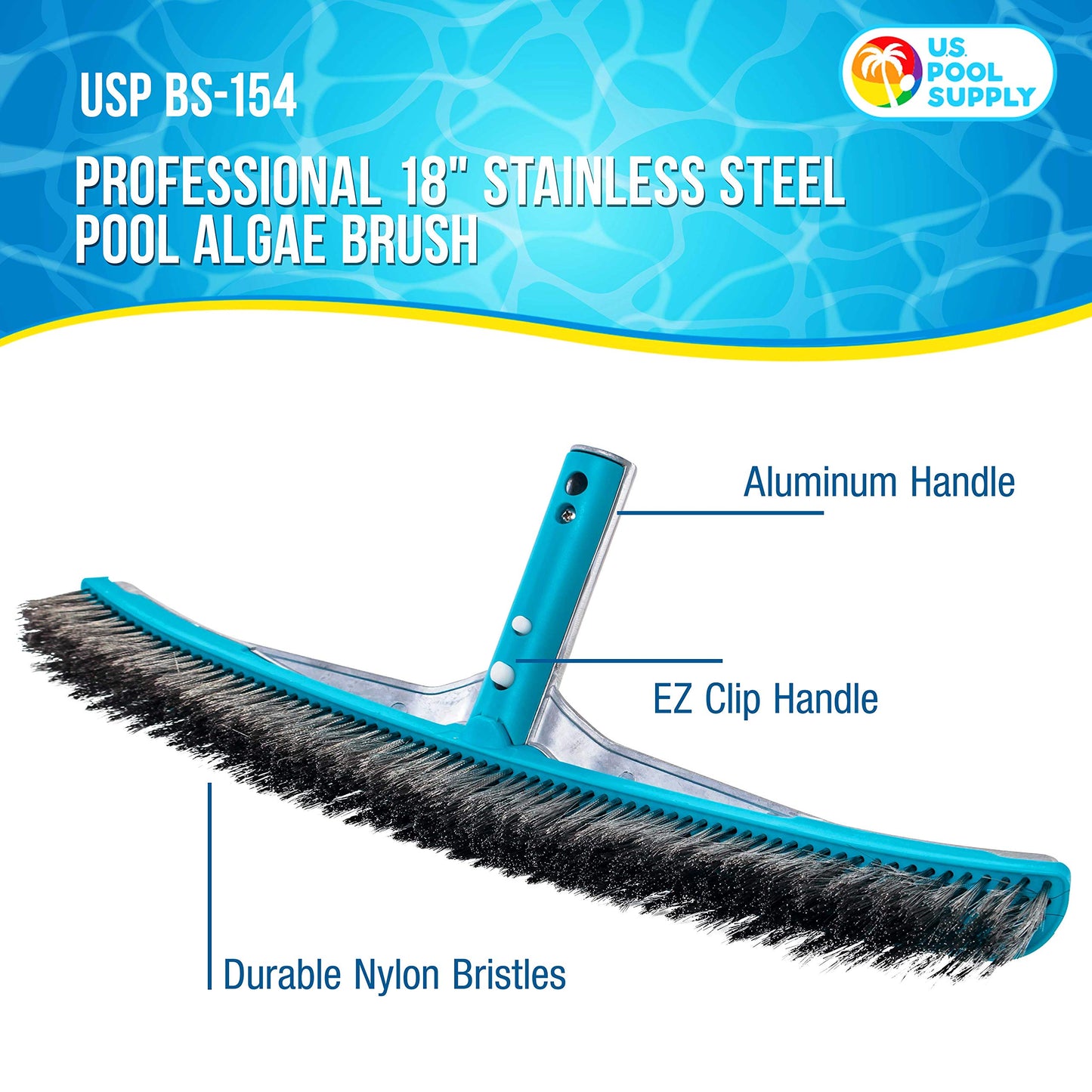 U.S. Pool Supply Pool Brush Head for Inground Pools - 18" Stainless Steel Pool Brush, Metal Wire Bristles, Underwater Scrubber Brushes - Remove Calcium Build-Up on Tiles, Rust Stains on Concrete Walls