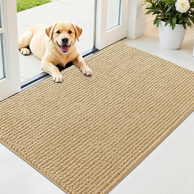 OLANLY Dog Door Mat for Muddy Paws 48x30, Ultra Absorbent Chenille Mud Doormat, Non-Slip Washable and Dirt Trapping Doormat for Indoor Entryway, Quick-Dry Indoor Pet Bed Mats for Dogs, Beige