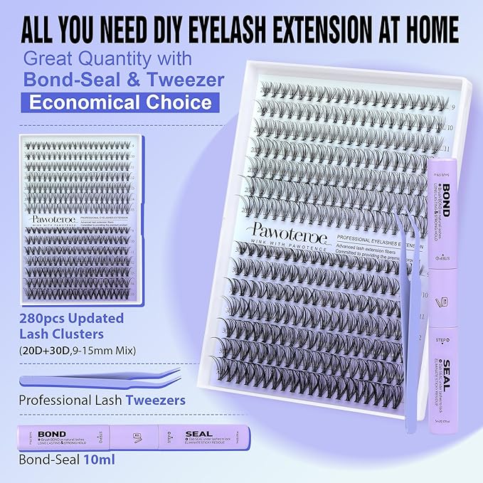 Pawotence Lash Extension Kit DIY 280pcs Individual Lash Clusters Kit 20D&30D Natural 9-15mm Cluster Eyelash Extensions Kit with Lash Bond and Seal, Tweezers for Self Use (20D&30D, 0.07D, 9-15mm, Kit)