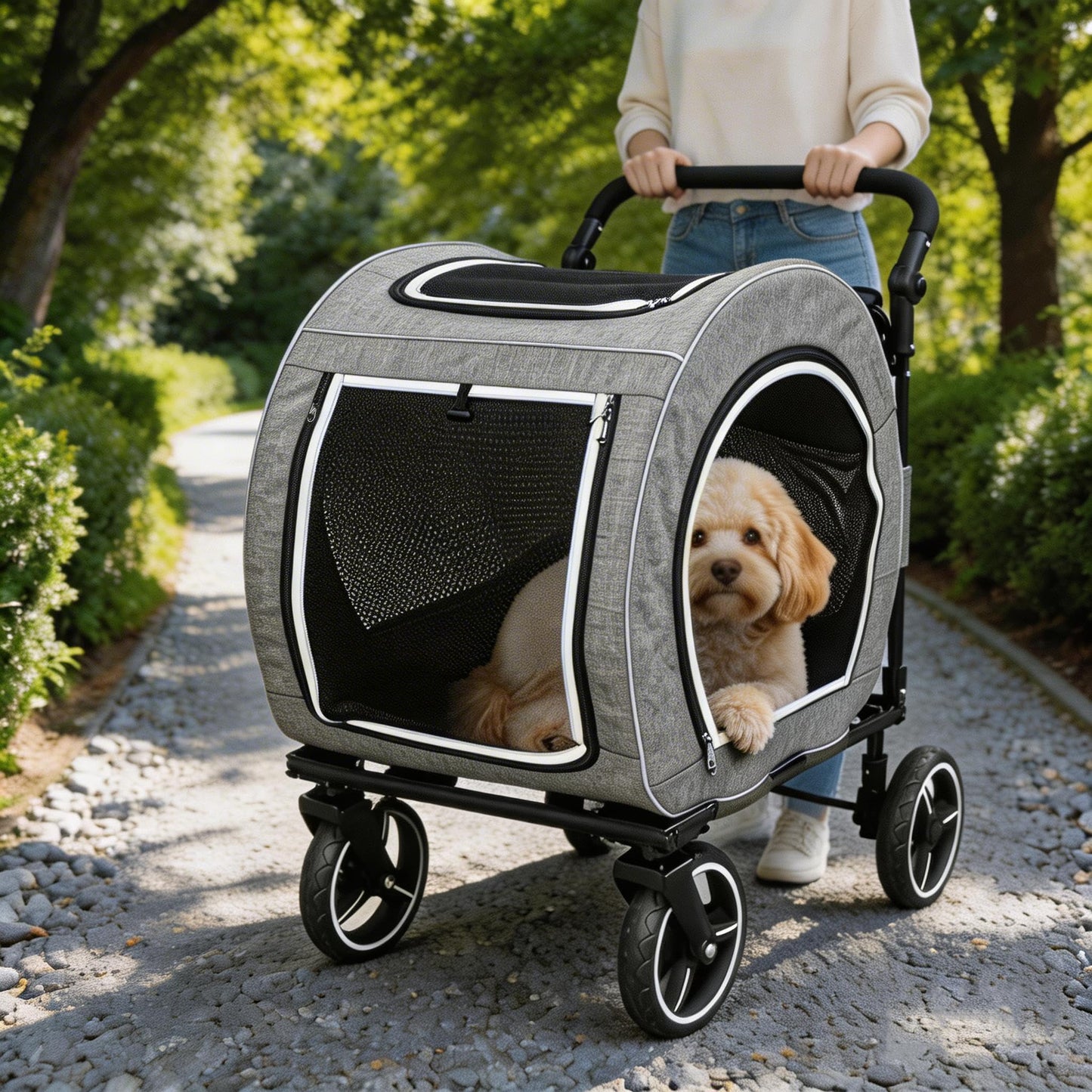 Saudism Pet Stroller for Dogs Cats up to 50 lbs, Foldable Dog Stroller with 360° Swivel Wheels, Detachable Carrier, Adjustable Handle, Travel Dog Stroller for Small Medium Large Pets, Gray