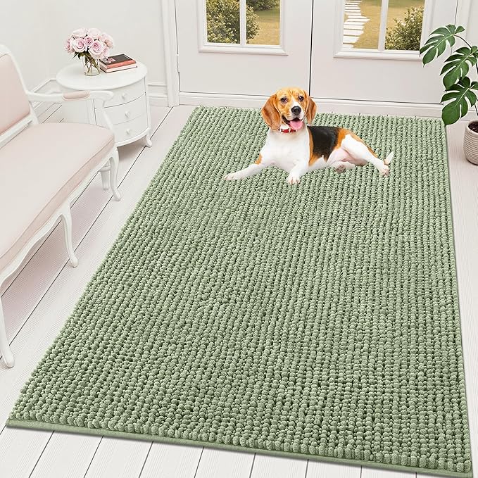 OLANLY Dog Door Mat for Muddy Paws 70x46, Ultra Absorbent Chenille Mud Doormat, Non-Slip Washable and Dirt Trapping Doormat for Indoor Entryway, Quick-Dry Indoor Pet Bed Mats for Dogs, Sage Green
