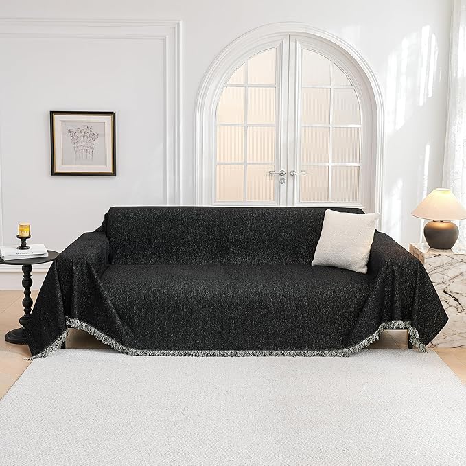 MYSKY HOME Black Chenille Sofa Slipcover Couch Covers for Sectional l Shaped Couch Pets Protector Furniture Covers Futon Cover Super Soft Washable Decorative Couch Covers for 3 Cushion, 91"x118"