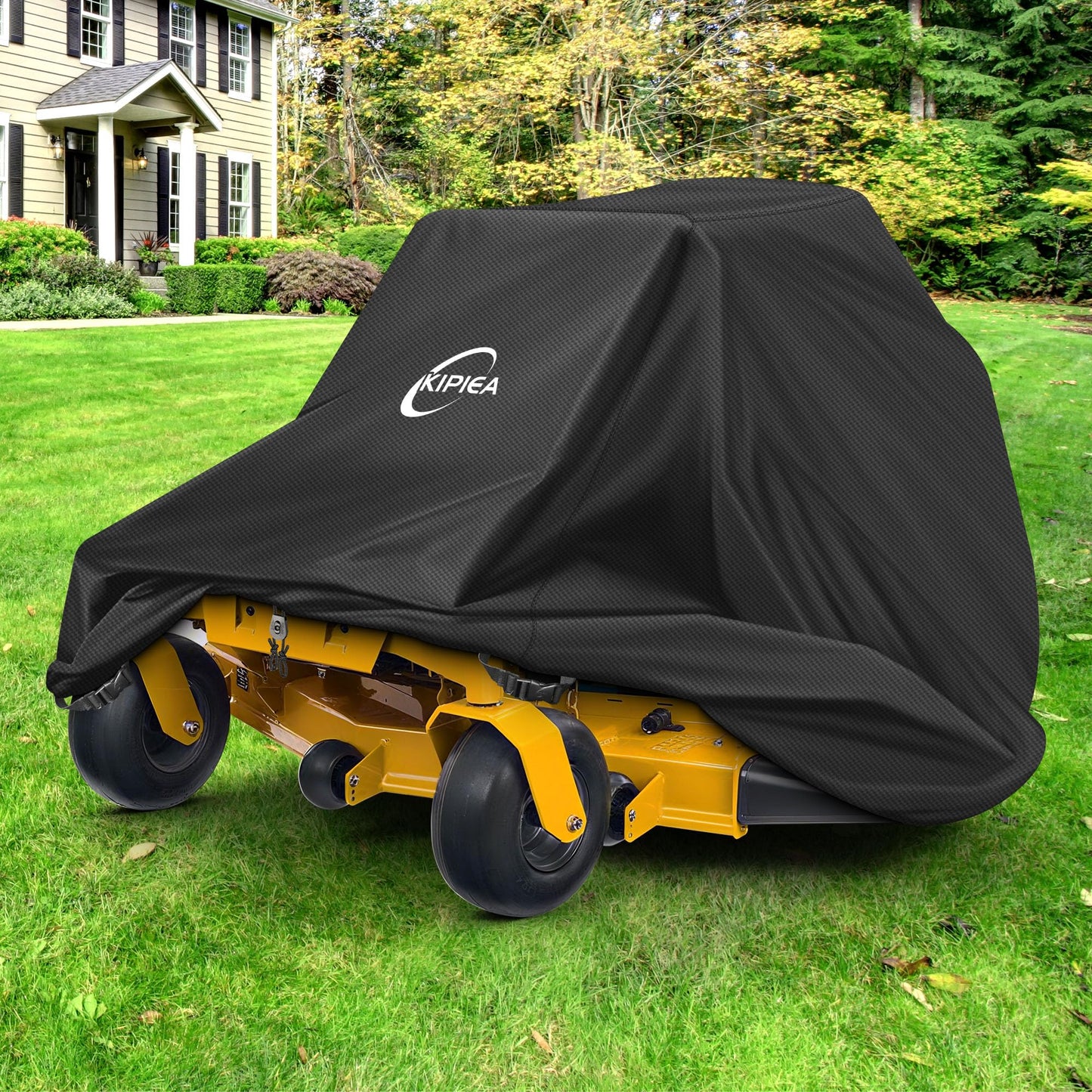 Kipiea Zero Turn Mower Cover- 600D Heavy Duty Outdoor Zero Turn Lawn Mower Cover Waterproof Universal Fit with 4 Buckles, 2 Drawstrings and Storage Bag