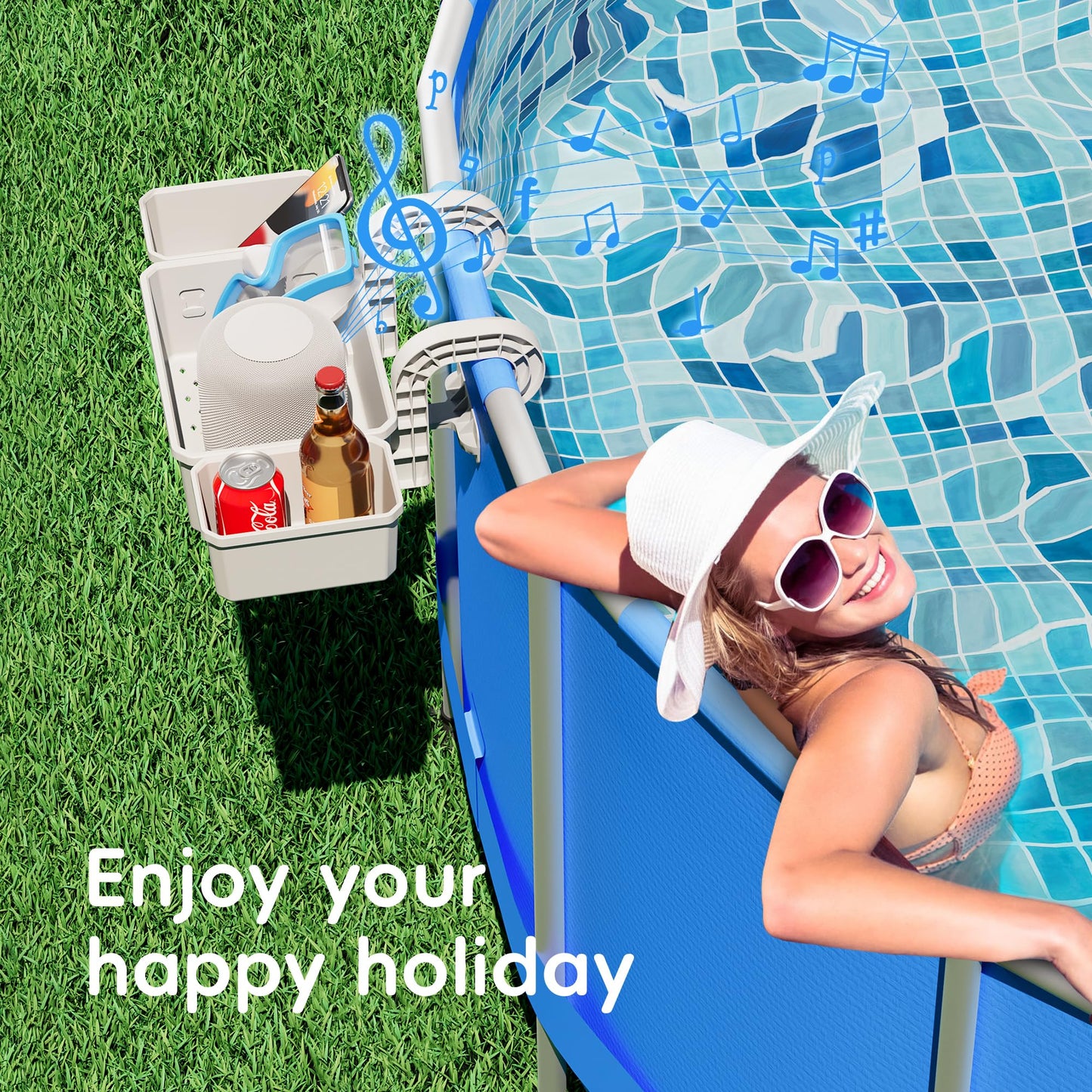 Kompoll [Patented] Poolside Storage for Above Ground Pool Accessories, Thickened Plastic Pool Basket with 2 Pool Cup Holder, Multifunctional Poolside Holder Fits for Most Frame Pools (1 Pack)