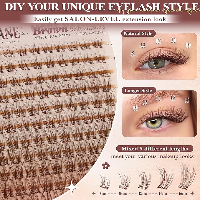 Brown Lash Clusters Natural Invisible Band Eyelash Clusters Wispy Brown Lashes Clusters 8-16mm Cluster Eyelash Extensions Natural Look DIY at Home for Everyday Wear by WTVANE