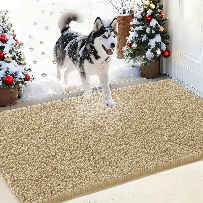 IM HOME Chenille Absorbent Outdoor Doormat 36" x 24", Washable Muddy Door Mats for Dog Non Slip Indoor Doormat Dog Mat for Muddy Paw Front Inside Doormats for Entryway Light Beige
