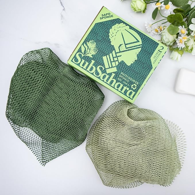 SubSahara Authentic African Net Sponge - 2 Pack Exfoliating Bath & Shower Loofah Sponge for Body & Face, Gentle Scrubber for All Skin Types, Travel, Durable Polyester (Olive Green & Light Green)