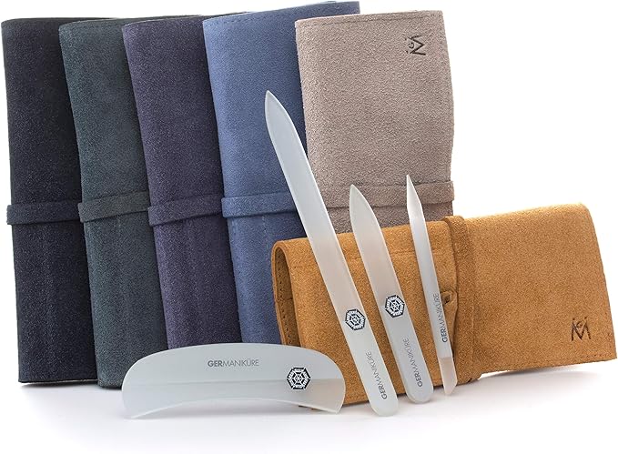 GERMANIKURE Gray Crystal Glass Nail File Set in Light Gray Suede Case – Handmade in Czech Republic – Professional Manicure & Pedicure Supplies – Glass Cuticle Stick, Pusher, Moon File