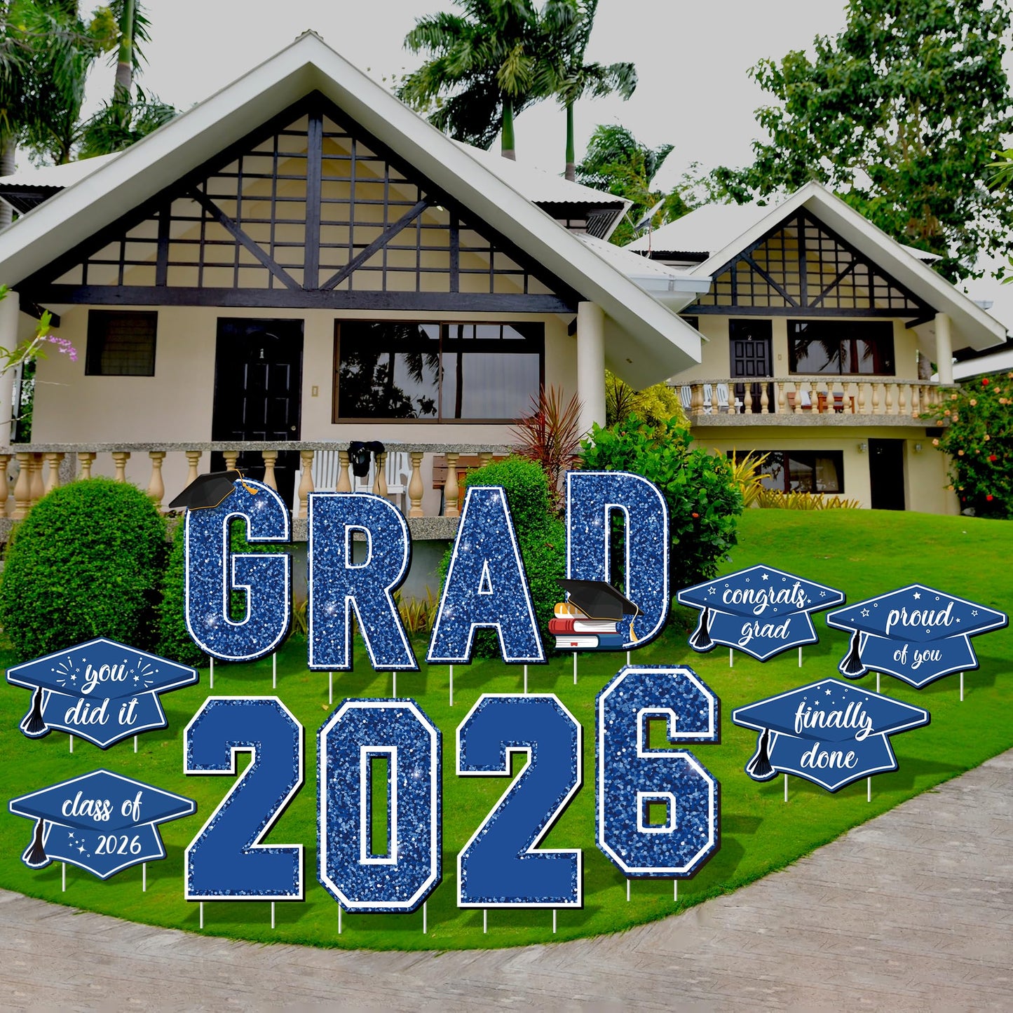 Aneco Waterproof 2026 Grad Yard Signs Plastic Graduation Yard Signs Party Outdoor Lawn Decorations 16 Inches Glitter Congrats Grad Lawn Sign with Stakes for Outdoor Party Garden Decor (Blue)