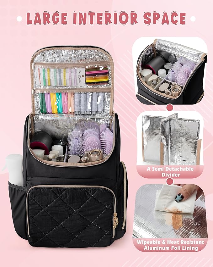 Insulated Hairstylist Travel Bag Backpack with Detachable Dividers and Multiple Pockets, Quilted Hair Tool Travel Bag with Multiple Pockets for Hairstylist and Barber, Black