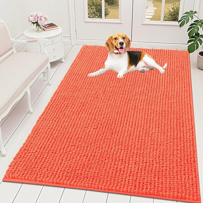 OLANLY Dog Door Mat for Muddy Paws 59x35, Ultra Absorbent Chenille Mud Doormat, Non-Slip Washable and Dirt Trapping Doormat for Indoor Entryway, Quick-Dry Indoor Pet Bed Mats for Dogs, Coral