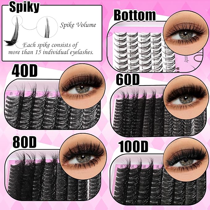 YIDUO 4 Styles Lash Clusters Kit 40D/60D/80D/100D+Spikes+Bottom Eyelash Clusters Extensions with 2X Bond and Seal, 1000Pcs 3D Volume Lashes Clusters 8-18mm Wispy D Curly Clusters Lash Extensions Kit