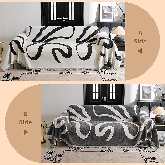 MYSKY HOME Couch Cover for 3 Cushion Couch Sofa Cover, Super Soft Boho Couch Covers for Dogs Washable, Jacquard Sofa Slipcover Furniture Protector for Living Room, 91" x 134", Black Curve