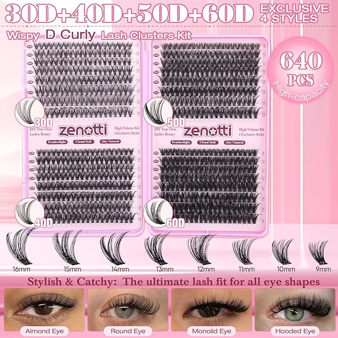 Lash Clusters 640PCS Natural Eyelash Clusters 30D 40D 50D 60D Wispy Cluster Eyelash Extensions 4 Styles PestaÃÂ±as Postizas Naturales 9-16mm DIY Individual Lashes Extensions Soft Lash Band by zenotti