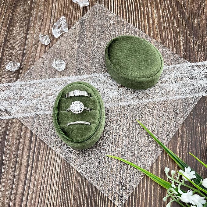Velvet Oval Ring Box 3 Slots - Premium Wedding Three Rings Box Vintage Handmade Storage Jewelry Organizer for Proposal, Engagement, Wedding Ceremony, Christmas (Olive Green)