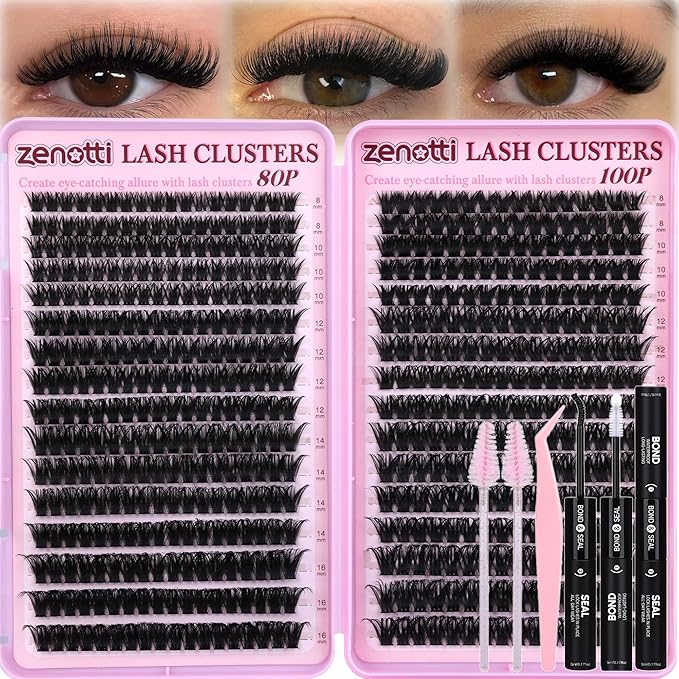 Lash Clusters Kit Fluffy 80D 100D Eyelash Clusters Kit 544PCS Wispy Cluster Eyelash Extensions D Curly Individual Lashes 8-16mm Soft Band DIY at Home with Lash Bond&Seal Tweezers Brush by zenotti