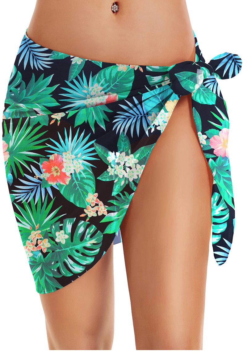 Swimsuit Coverups for Women Sarong Beach Bikini Wrap Sheer Short Skirt Chiffon Scarf for Swimwear (Green Floral Leaf,XL)