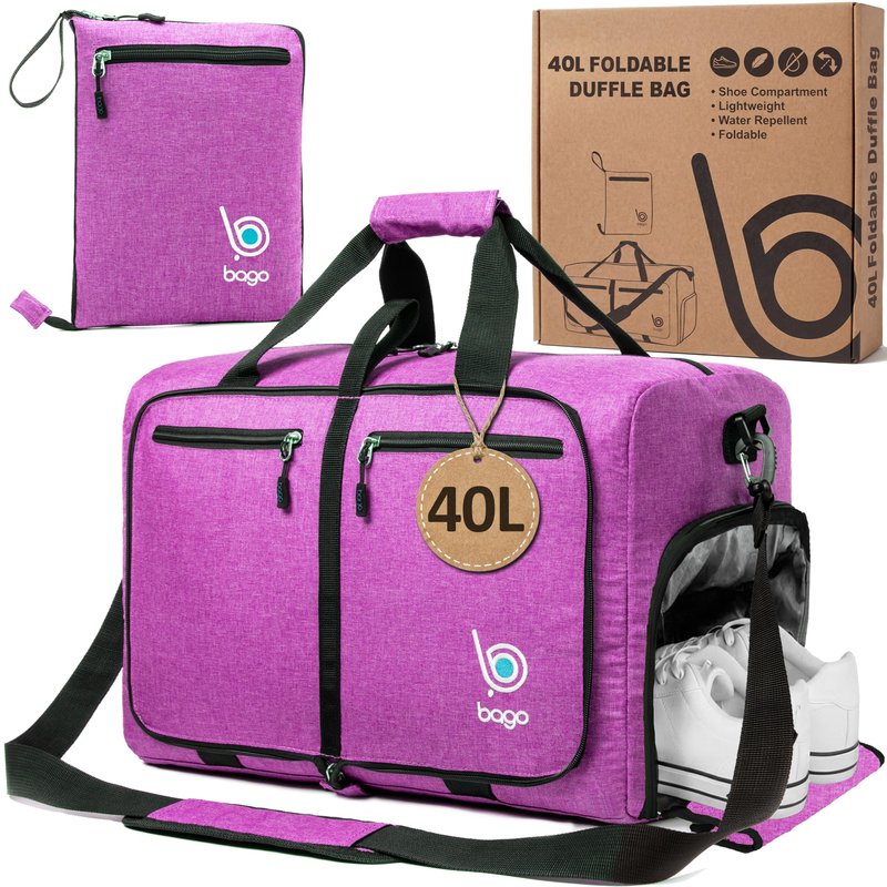 Bago Compact Duffle Bag for Travel Women & Men. Durable Lightweight Foldable Travel Duffel Bags For Traveling Women. 40L Duffle Bags a Reliable Weekender duffel or Overnight Bag With Shoe Compartment