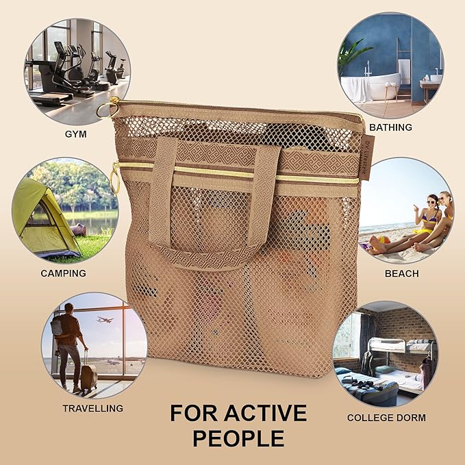 DV Lifestyle Mesh Shower Bag 10.2x9.9'' Quick-Dry Caddy with Zipper & 2 Pockets. Portable Toiletry Tote for Bathroom, Gym, Travel, Camp, Beach, for Sunscreen, Dorm & College Essentials (Brown)