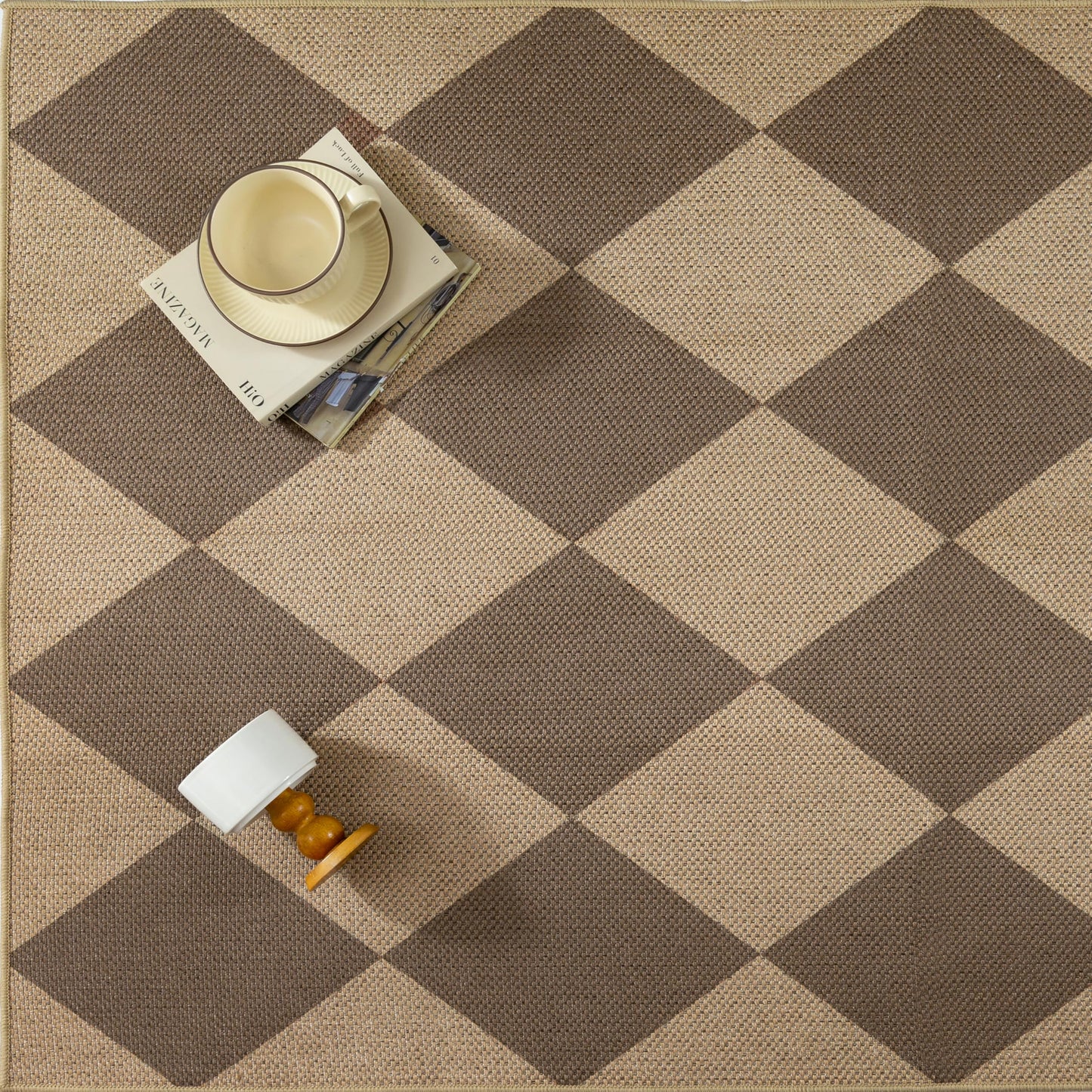 PureCozy 5x7 Checkered Easy Jute Area Rug for Living Room Checkerboard Washable Indoor Outdoor Carpet Farmhouse Patio Office Mat Geometric Non Slip Brown Carpet for Backyard Dining Room