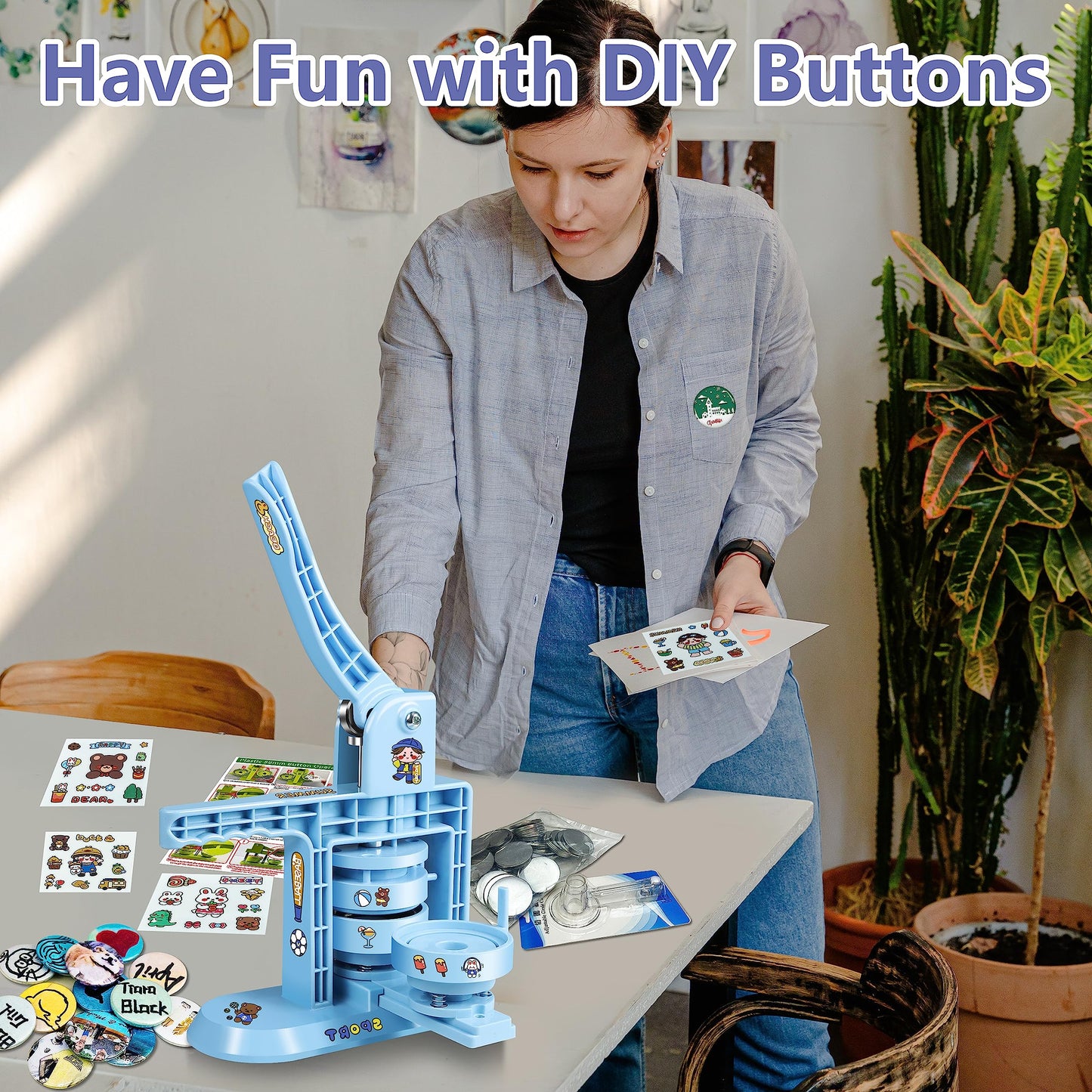 Happizza Button Maker Machine Multiple Sizes (4th Gen), Pin Maker 1+1.25+2.25 inch / 25+32+58mm, Badge Button Press Machine with Cutting Mat & 300 Sets Badge Making Supplies & Circle Cutter