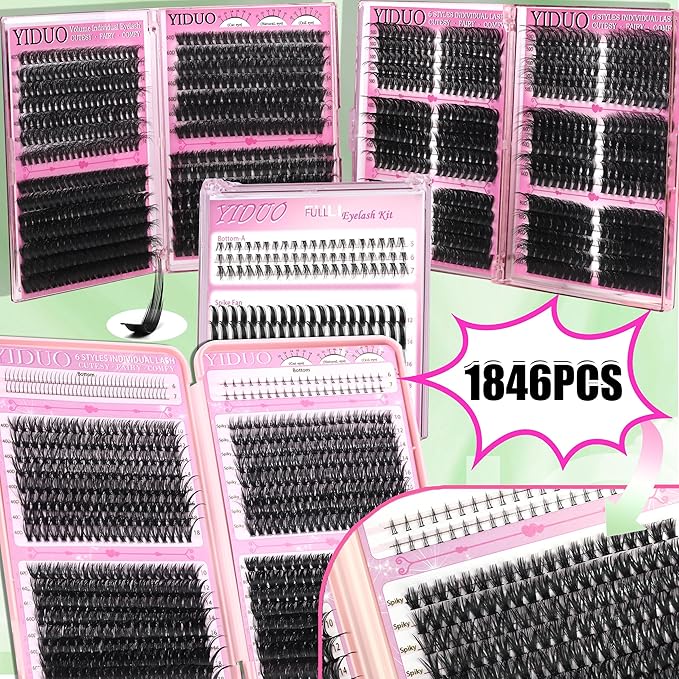 YIDUO 1846Pcs Lash Clusters Kit with Spikes+Bottom Cluster Lashes Kit Mix Styles 10-18mm Volume D Curly Wispy Soft DIY Individual Eyelash Extension Kit with Glue pestañas postizas Wholesale Large Pack