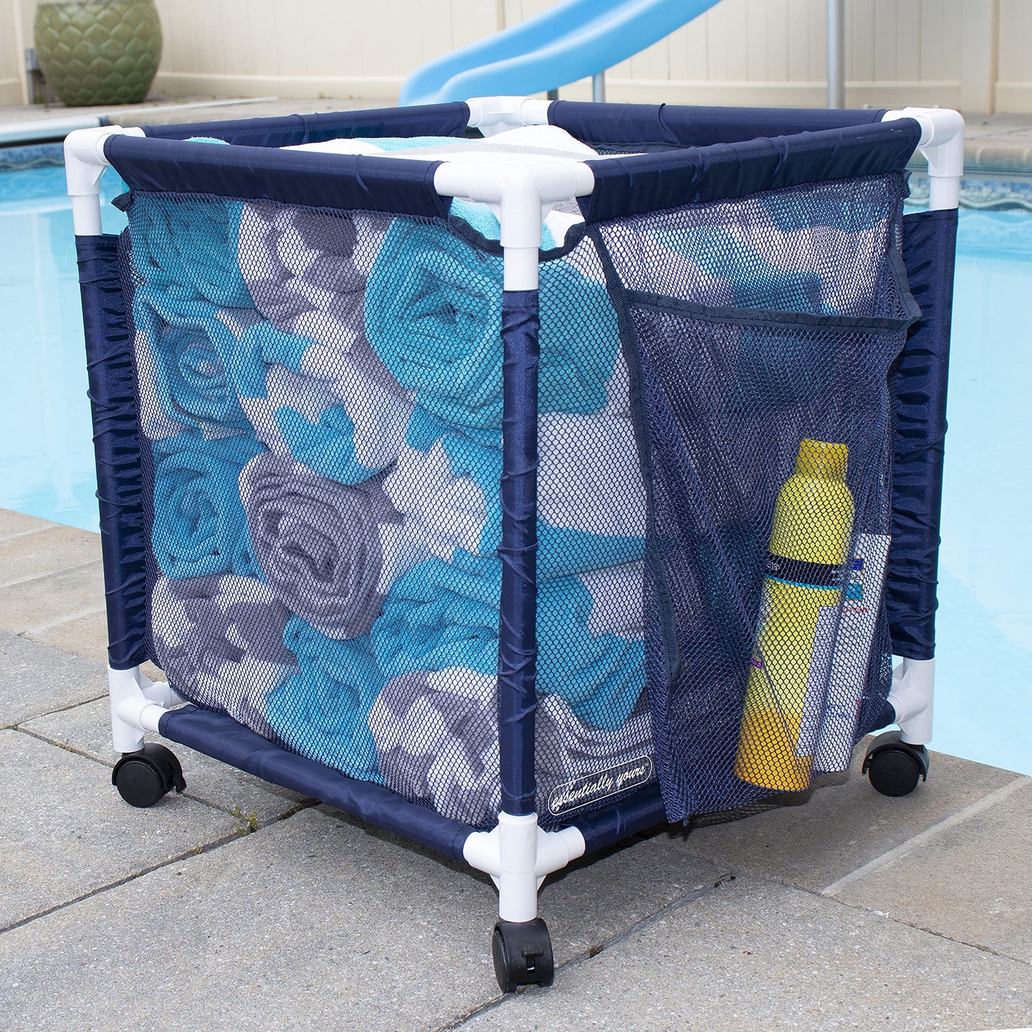 Essentially Yours Rolling Pool Storage Small Organizer Bin, (18" W x 18" L x 20" H), Blue / White Style 417244