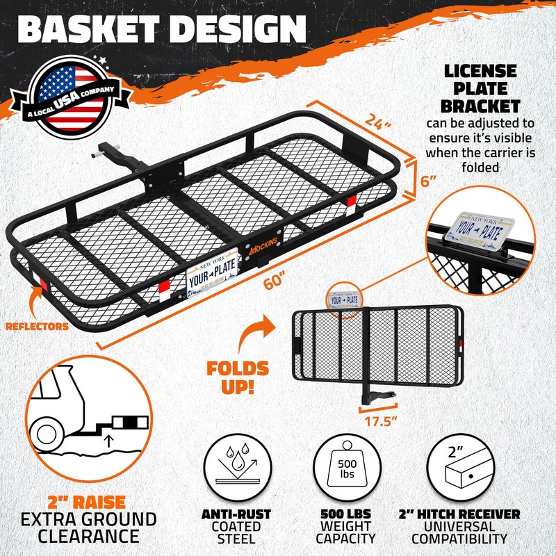 Mockins 60"x24"x6" Heavy Duty Trailer Hitch Cargo Carrier with 30 Cu Ft Waterproof Cargo Bag for Hitch Carrier & 6 Packing Cubes | 500 Lbs. Capacity Folding Luggage Rack for SUV, Car, Truck, & RV