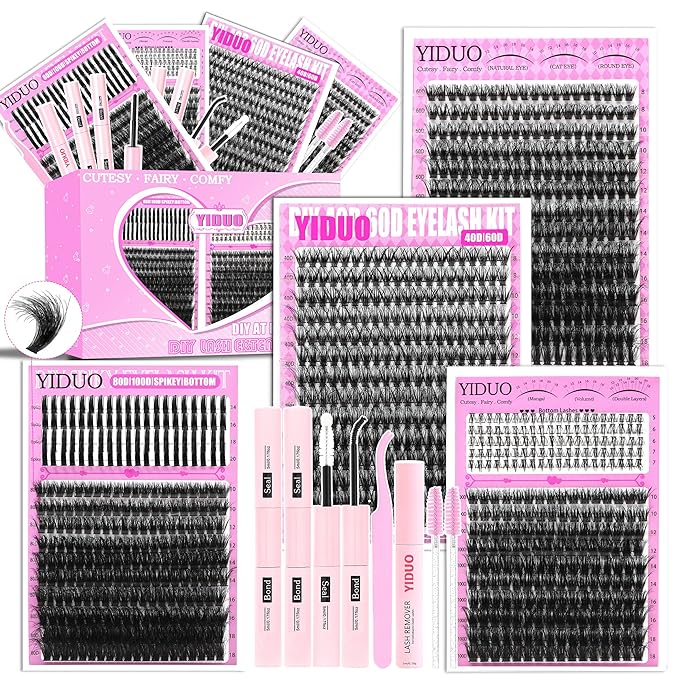 YIDUO 4 Styles Lash Clusters Kit 40D/60D/80D/100D+Spikes+Bottom Eyelash Clusters Extensions with 2X Bond and Seal, 1000Pcs 3D Volume Lashes Clusters 8-18mm Wispy D Curly Clusters Lash Extensions Kit