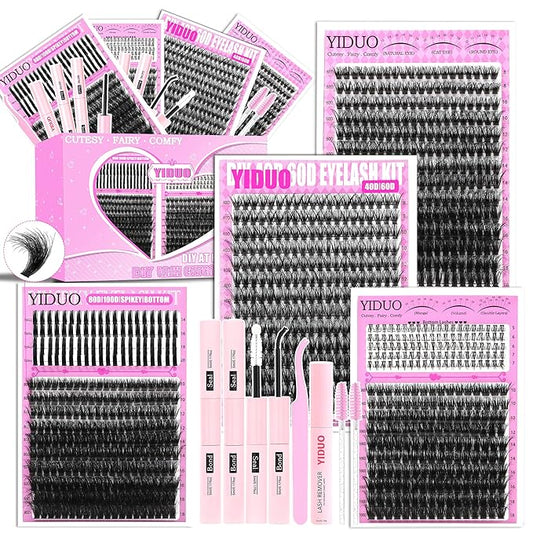 YIDUO 4 Styles Lash Clusters Kit 40D/60D/80D/100D+Spikes+Bottom Eyelash Clusters Extensions with 2X Bond and Seal, 1000Pcs 3D Volume Lashes Clusters 8-18mm Wispy D Curly Clusters Lash Extensions Kit