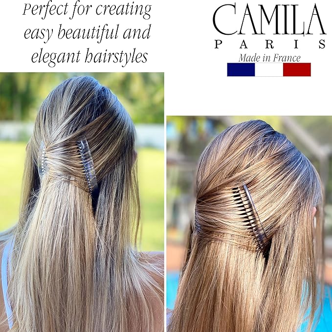 Camila Paris French Side Combs Large 4 Colors Each Curved French Twist Hair Combs Decorative, Strong Hold Hair Clips for Women Bun Chignon Up-Do, No Slip Styling Girls Hair Accessories, Made in France