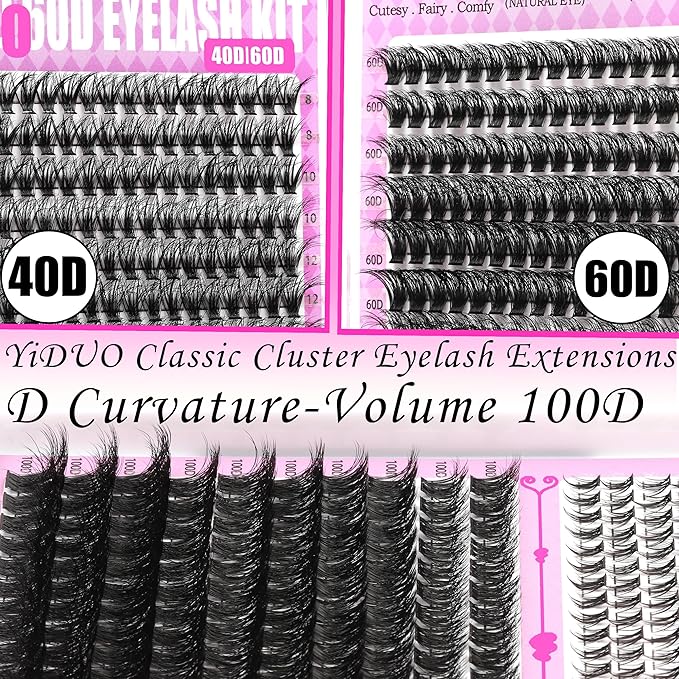 YIDUO 4 Styles Lash Clusters Kit 40D/60D/80D/100D+Spikes+Bottom Eyelash Clusters Extensions with 2X Bond and Seal, 1000Pcs 3D Volume Lashes Clusters 8-18mm Wispy D Curly Clusters Lash Extensions Kit
