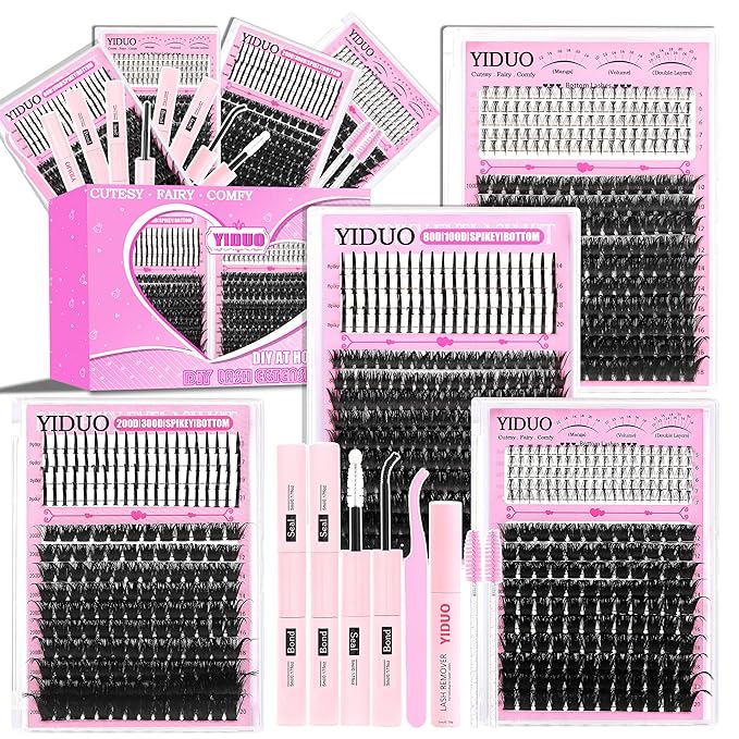 YIDUO 960Pcs Lashes Clusters Kit 80D+100D+200D+300D+Spikes+Bottom Thick Clusters Lash Extensions Kit with 2 Bond and Seal 10-20mm Wispy 3D Volume Individual Eyelash Cluster Kit DIY at Home Easily