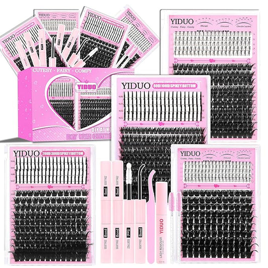 YIDUO 960Pcs Lashes Clusters Kit 80D+100D+200D+300D+Spikes+Bottom Thick Clusters Lash Extensions Kit with 2 Bond and Seal 10-20mm Wispy 3D Volume Individual Eyelash Cluster Kit DIY at Home Easily