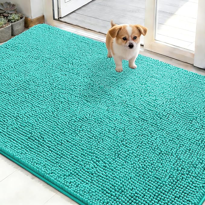 OLANLY Dog Door Mat for Muddy Paws 48x30, Absorbs Moisture and Dirt, Absorbent Non-Slip Washable Doormat, Quick Dry Chenille Mud Mat for Dogs, Entry Indoor Entryway Carpet for Inside Floor, Teal