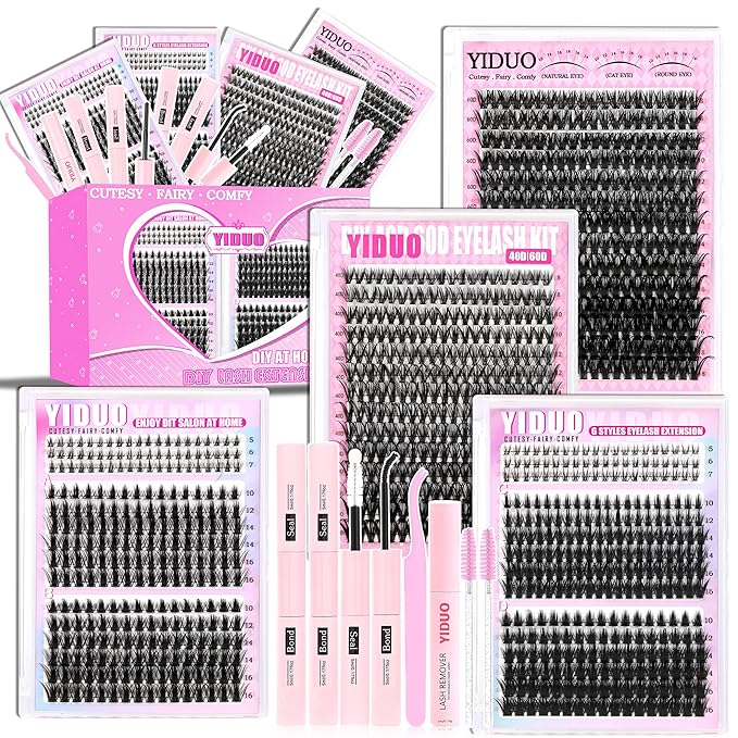 YIDUO Manga Lash Clusters Kit 40D+60D+80D+100 Fairy Spikes+Bottom Clusters Lashes Extensions Kit with 2X Bond and Seal 1094 Pcs 8-18mm Wispy Individual Eyelash Cluster Kit DIY at Home Easily