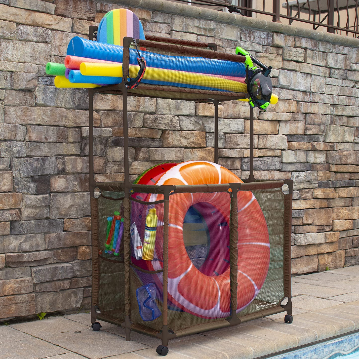 Essentially Yours Pool Storage Equipment Organizer Holder - Noodles, Toys, Balls and Floats Mesh Rolling Double Decker Bin, Large with Noodle Holder, (35.3" W x 23" L x 59.4" H), Brown Style 561935