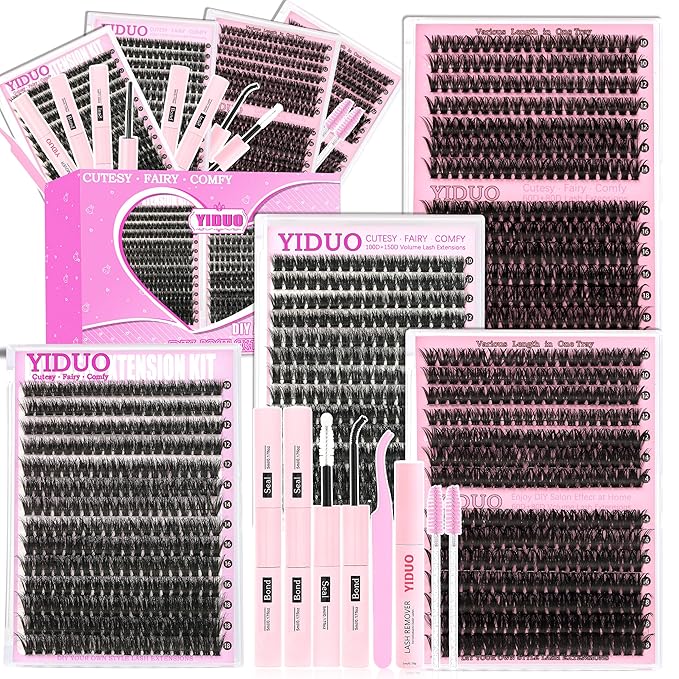 YIDUO 4 Styles Lash Clusters Kit 60D+80D+100D+150D Volume Clusters Lashes Extensions Kit with 2 X Bond and Seal 10-18mm Wispy D Curvature Full Individual Eyelash Extensions Kit DIY at Home Easily