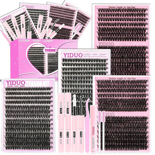 YIDUO 4 Styles Lash Clusters Kit 60D+80D+100D+150D Volume Clusters Lashes Extensions Kit with 2 X Bond and Seal 10-18mm Wispy D Curvature Full Individual Eyelash Extensions Kit DIY at Home Easily