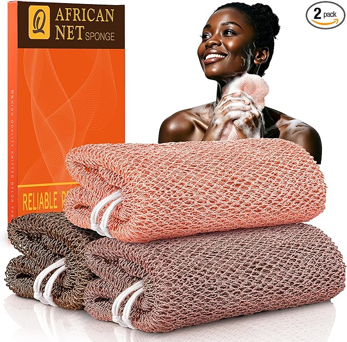 UJFQBH African Net Sponge Authentic, Exfoliating Body Scrubber for Back and Hard to Reach Areas, Gentle Daily Exfoliation for Deep Cleansing, Quick Drying Shower Essential, Rosewood 3 Pack