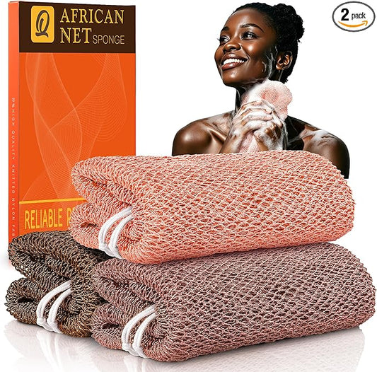 UJFQBH African Net Sponge Authentic, Exfoliating Body Scrubber for Back and Hard to Reach Areas, Gentle Daily Exfoliation for Deep Cleansing, Quick Drying Shower Essential, Rosewood 3 Pack