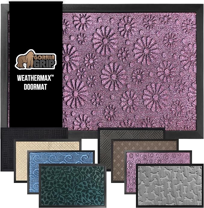GORILLA GRIP 100% Waterproof All-Season WeatherMAX Doormat, 23x35, Durable Natural Rubber, Stain and Fade Resistant, Low Profile, Indoor Outdoor Doormats, Easy Clean Entry Mat, Purple Confetti Daisy