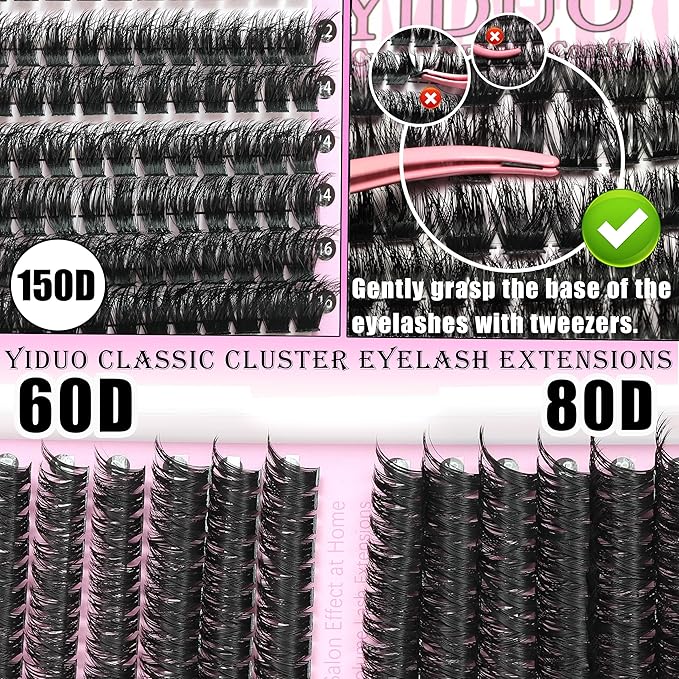 YIDUO 4 Styles Lash Clusters Kit 60D+80D+100D+150D Volume Clusters Lashes Extensions Kit with 2 X Bond and Seal 10-18mm Wispy D Curvature Full Individual Eyelash Extensions Kit DIY at Home Easily